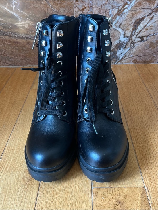 Nine West Shoes - Nine West Black Lace-Up Platform Combat Boots with Silver Hardware